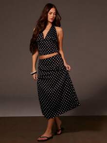 Athîral 女士休闲波点露背露脐吊带上衣，黑色，适合约会、派对、情人节、夏季等场合。 - 黑與白 - 查看 3