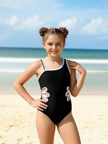 少女黑白撞色镂空吊带弹力可爱简约优雅连体泳衣，夏季 - 彩色 - 查看 8