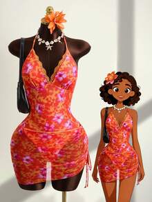 Zestiva Conjunto de 2 piezas de traje de baño de una sola pieza con estampado floral y de plantas, volantes, tirantes ajustables y falda con cordón lateral fruncido, para vacaciones y playa casual de primavera/verano - Multicolor - Ver 1