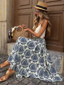 Brillora Chân váy kiểu Bohemian dáng bất đối xứng, thắt eo dây rút, in họa tiết, thích hợp cho nữ, phong cách thường ngày đi nghỉ mát, mùa xuân/hè. - Nhiều màu - Xem 1