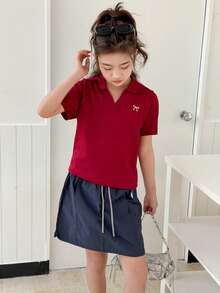 Dazy Kids Tween Girl Bow Embroidery Collar Short Sleeve Casual Knit Top - Burgundy - View 3