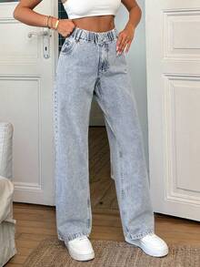 RueChic 100% Cotton Elastic Belt Detailed Straight Cut Jean - Medium Wash - View 5