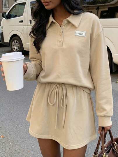 Aidyla 女士秋季卫衣长袖polo领宽松半开襟米色衬衫，搭配弹力抽绳米色迷你裙，韩版两件套，适合上学和外出穿着