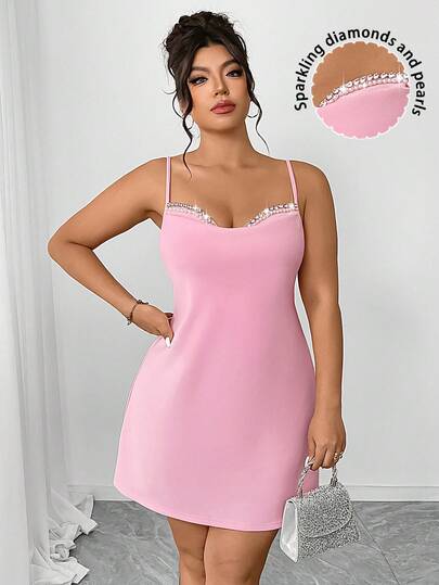 Elenzga Plus Size Women's Short Slip Dress, Draped Neck, Diamond Decor, Elegant, Sexy, Romantic, Suitable For Parties, Gatherings, Vacations, Weddings, High Stretch Fabric, Fitted Waist, A-Line, Pink