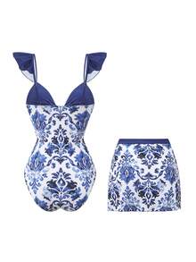 Swim Oasis Bộ đồ bơi nữ in hoa, váy xếp ly, kiểu dáng thường ngày, thích hợp cho kỳ nghỉ, gồm 2 mảnh, trang phục đi biển mùa xuân/hè/thu/đông, bộ đồ đi nghỉ mát cho nữ, trang phục dự tiệc bể bơi, trang phục câu lạc bộ bãi biển. - Xanh và trắng - Xem 3