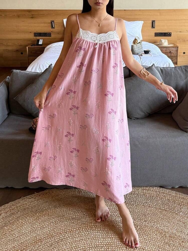 Floral Print Patchwork Trim Camisole Nightgown For Women