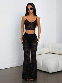 SHEIN PETITE Women's Spring Sexy Retro Lace Lined Flared Pants - Black - View 4