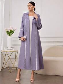 Al Najma 女士优雅日常立领荷叶边长袖长款罩袍 - 紫色 - 查看 5