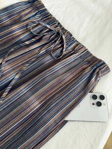 Comfortcana Linen Textured Striped Drawstring Waist Comfortable Casual Plus Size Pants - Navy Blue - View 6