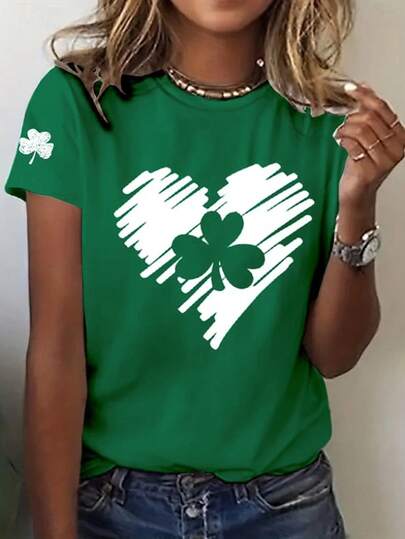 Selamara St. Patrick's Day Women's T-Shirt, Clover Print, Fashion Classic Casual Short Sleeve Crew Neck Regular Fit Top, Daily Wear, Suitable For Spring And Summer