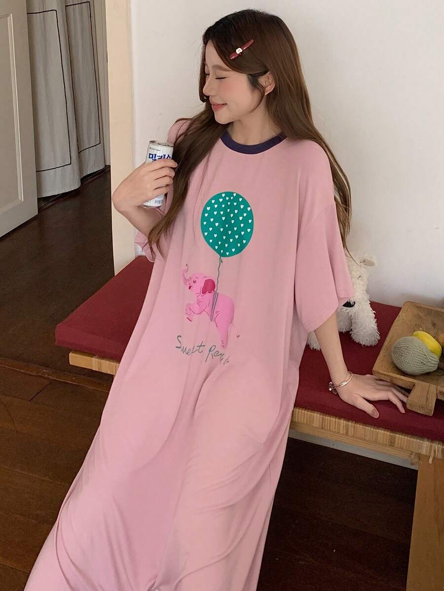 DAZY 可爱气球大象英文图案宽松短袖女式睡衣连体裤 - 粉色 - 查看 1