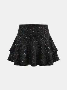 少女休闲运动体操瑜伽闪亮优雅高弹箔印花运动裙 - 黑色 - 查看 6