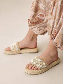 Styleloop 女士平底凉鞋，波西米亚风，复古美式，波西米亚风，西部音乐节，派对装扮 - 卡其1 - 查看 6