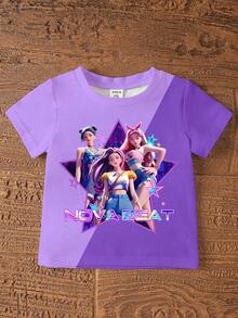 2pcs Young Girls Casual Fashion Korean K-POP Cartoon Girl Pattern Short Sleeve Round Neck T-Shirt And Shorts Set, Purple Contrast Color T-Shirt Set, Comfortable Outfit For Daily, Festival, Spring/Summer - Multicolor - View 4