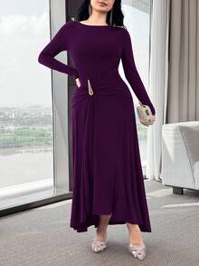 Modelyn 女士纯色船领金属装饰褶皱优雅中长连衣裙 - 紫色 - 查看 5
