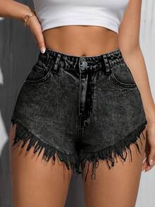 SHEIN Unity Quần short denim nữ mùa hè, phong cách thường ngày, năng động, thoải mái, thích hợp cho kỳ nghỉ, đi làm, với gấu quần rách. - Màu xám đen - Xem 3