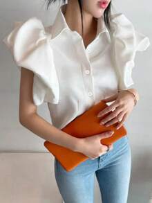 INAWLY 1pc Women's Solid Color Single-Breasted Casual Shirt With Puff Sleeve Design - White - View 3
