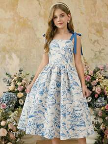 1-Piece Tween Girls Glamorous Vacation Jacquard Knot-Shoulder Cinched-Waist Lightweight Non-Fleece Summer Dress - Blue and White - View 8
