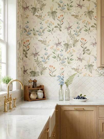 Cirelle 自粘墙纸 - 1米花卉图案，可移除，适合出租房，适用于厨房、卧室特色墙，无需胶水，DIY