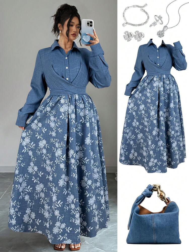 Elenzga Plus Size Women's French Casual Elegant Embroidery Printed Long Sleeve Dress, Autumn/Winter 2 Piece Denim Sets Woman Blue Jean Dress Women Long Sleeve Denim Dress Denim Plus Size Dress Shirt And Skirt Set Blue Flower Dress Jean 2 Piece Set - Blue - View 1