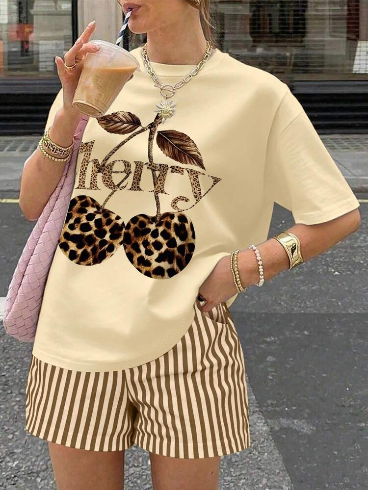 EMERY ROSE Conjunto de 2 piezas de camiseta con estampado de leopardo y cereza + shorts a rayas para mujer - Multicolor - Añade 4
