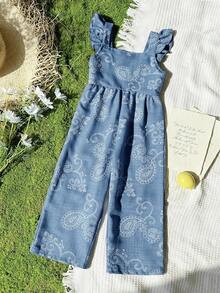 Vintaside Kids 1pc Vintage Casual Slim Fit Unique Cherry Print Jumpsuit, Suitable For Outdoor Summer And School - Blue - View 4