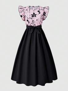 SHEIN ChillGRL Elegant Short Floral Print Dress For Teen Girls, Ruffle Sleeve, Sheer Lace Trim V-Neck, With Bow, Flared Skirt - Black - View 3