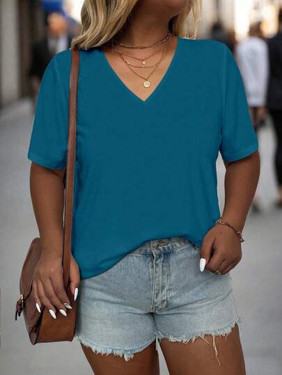 EMERY ROSE Plus Size Women's Simple Solid Color V-Neck Short Sleeve Casual T-Shirt For Women