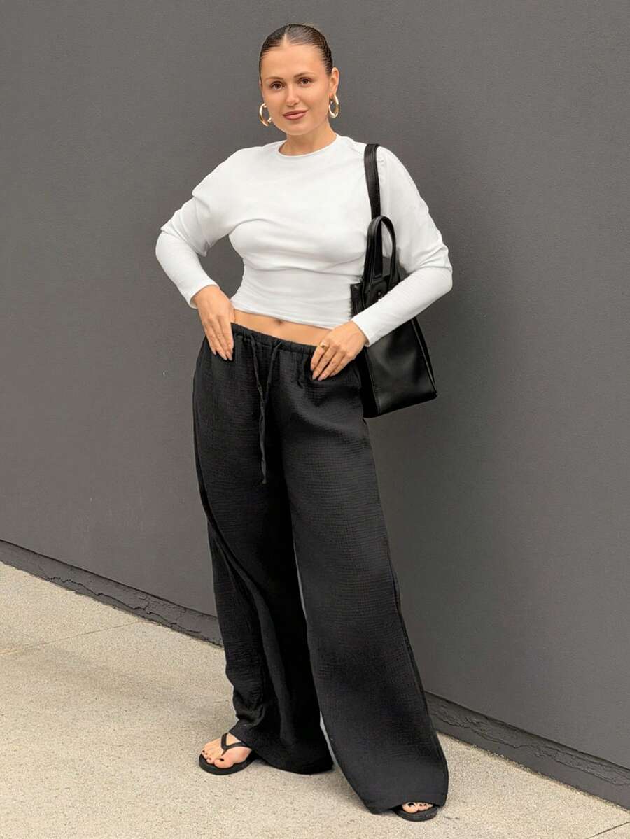 Kuleshova 女士超低腰休闲直筒棉质长裤 - 黑色 - 查看 1