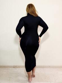 MelDlgn 大码女式春夏优雅日常基本款纯色高领修身袖黑色连衣裙，适合日常穿着、乡村音乐会 - 黑色 - 查看 2