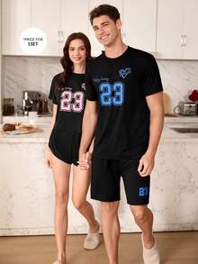 CoupledUp 时尚数字印花休闲运动男士短袖睡衣套装 - 黑色 - 查看 3