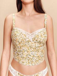 lacRébo Yellow Vintage Floral Print Strapless Corset Top With Matching Pants Lingerie Set,Cute Summer French Parisian Style Homewear - Yellow - View 6