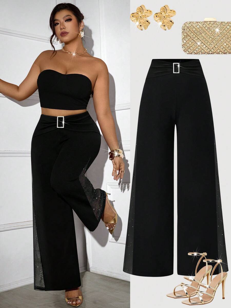 Femmeverse 大码女式时尚装饰纽扣网眼拼接设计阔腿纯色裤 - 黑色 - 查看 1