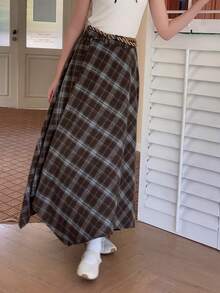 DAZY 少女格子印花不对称下摆休闲裙 - 棕色 - 查看 7