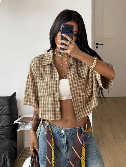 Coolane Women's Spring/Summer Vintage Streetwear Casual Homecoming Preppy Crop Plaid Loose Short Sleeve Crop Tops Shirt