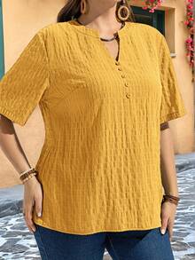 EMERY ROSE Plus Size Plain Simple Short Sleeve Shirt, Suitable For Summer, Summer Tops - Yellow - View 5