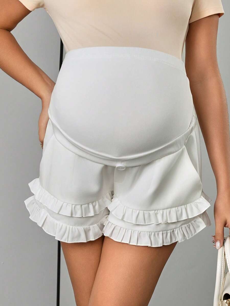 Momance Maternity Shorts With Ribbed Waistband, Faux Fly Button Decor, Pockets, Ruffle Hem, Double Layer Design - White - View 1