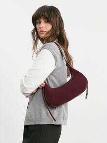 SHECARRY Corduroy Handbag, Fashionable Shoulder Bag, Casual Crescent Crossbody Bag, Autumn/Winter New Arrival - Wine red - View 6