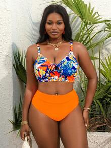 Slaydiva Plus Size Women 2pcs Tropical Print Bikini Set, Casual Beach Holiday Swimwear - Multicolor - View 5