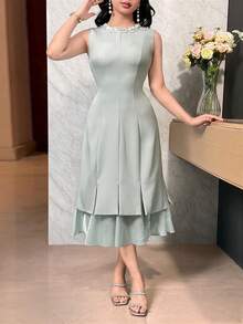 Feyla 女士纯色串珠装饰圆领无袖优雅中长连衣裙 - 薄荷綠 - 查看 4