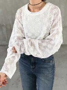 FRIFUL 女士宽松圆领蕾丝纯色衬衫 - 米色 - 查看 4