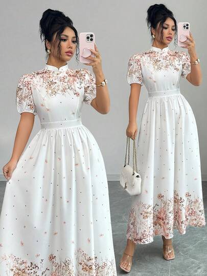 Elenzga Women's Elegant Floral Print Waist Cinched Puff Sleeve Dress, Summer