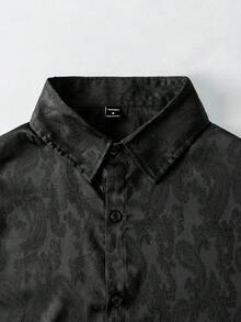 Manfinity Homme 男士黑色提花緞面正裝襯衫，長袖前扣優雅哥德風襯衫，適合秋季、晚宴雞尾酒會、婚禮派對、商務通勤，正式禮品 - 黑色 - 查看 6
