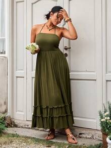 SHEIN VCAY Vestido casual de vacaciones con cuello halter sin espalda de unicolor para mujer de talla grande - Verde militar - Ver 6