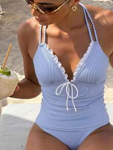 Bonvoyette Women's Summer Beach Striped Print Drawstring Spaghetti Strap Solid Color Ruffle Side Shirred Elastic Comfortable Fitted Casual Vacation Tankini Set - Blue and White - View 1