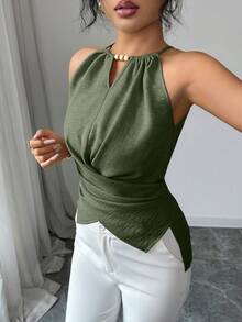 Elenzga Áo tank top nữ màu trơn đính cườm, không tay, kiểu dáng casual, thắt chéo. - xanh quân đội - Xem 6