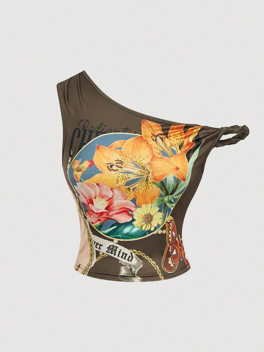 SHEIN MOD 不对称肩部复古图案扭结前襟上衣 - 棕色 - 查看 1