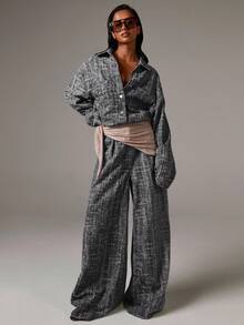 Athîral Women's Drop Shoulder Long Sleeve Single-Breasted Casual Pocket Shirt & Wide Leg Denim Jumpsuit - Black - View 1