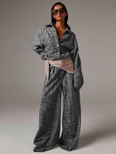 Athîral Women's Drop Shoulder Long Sleeve Single-Breasted Casual Pocket Shirt & Wide Leg Denim Jumpsuit