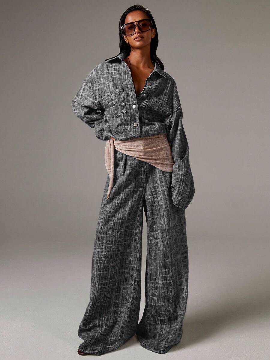 Athîral Women's Drop Shoulder Long Sleeve Single-Breasted Casual Pocket Shirt & Wide Leg Denim Jumpsuit - Black - View 1